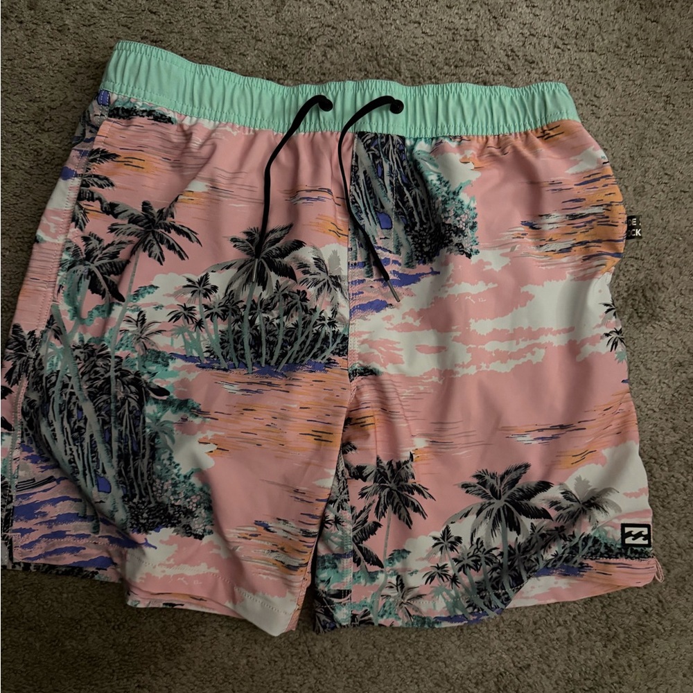 Billabong Men's Palm Print Swim Shorts - Pink and Mint